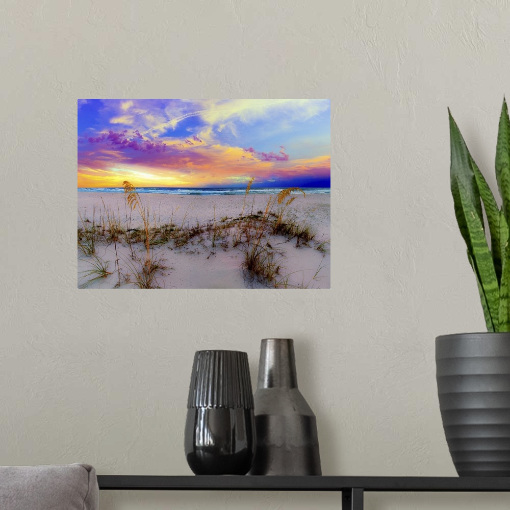 A modern room featuring Sea Oats under a blue and Purple Sunrise on a Florida beach.  A landscape near Navarre Beach, Flo...