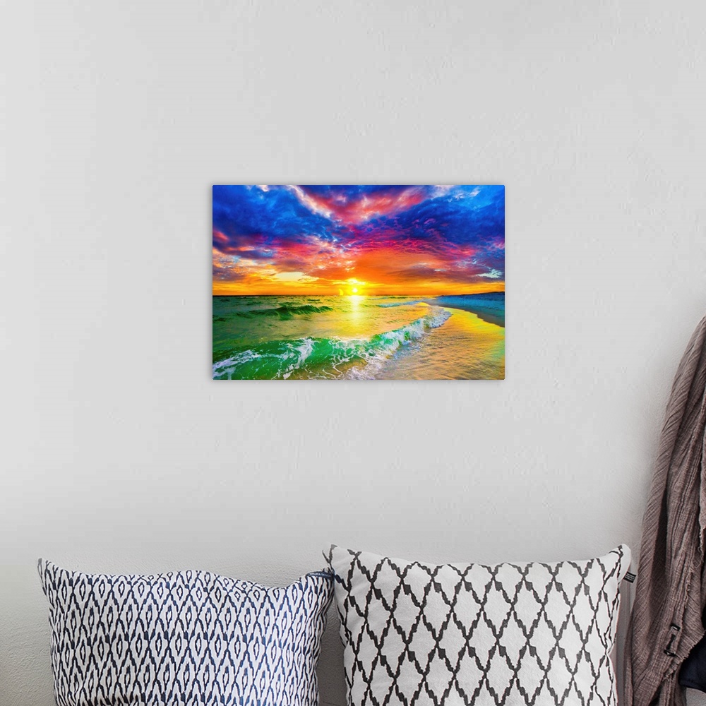 A bohemian room featuring This colorful purple and red sunset is high above a beautiful sea. A green wave crashes on the sh...
