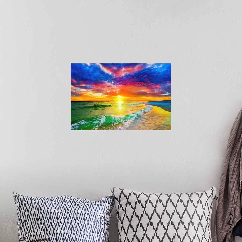 A bohemian room featuring This colorful purple and red sunset is high above a beautiful sea. A green wave crashes on the sh...