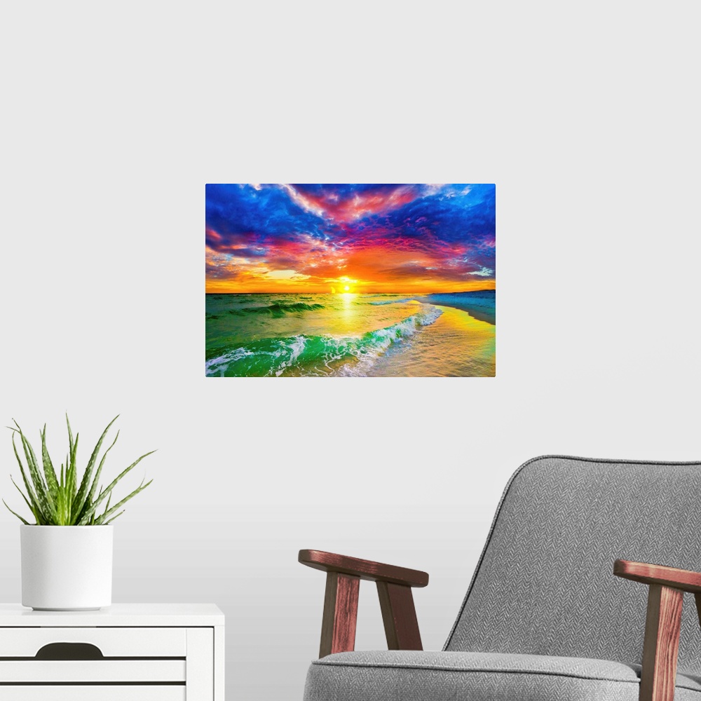 A modern room featuring This colorful purple and red sunset is high above a beautiful sea. A green wave crashes on the sh...