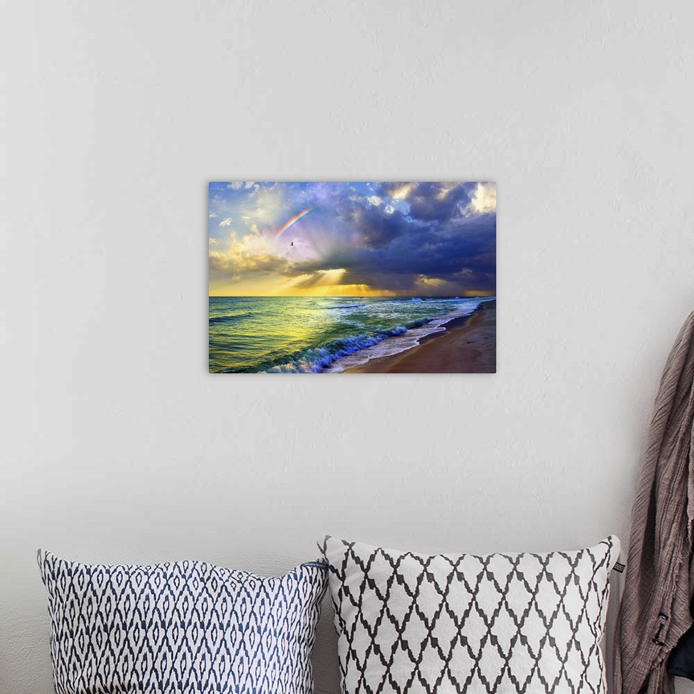 A bohemian room featuring A rainbow seascape of green and blue sea and golden sun rays. Landscape taken near Navarre Beach,...