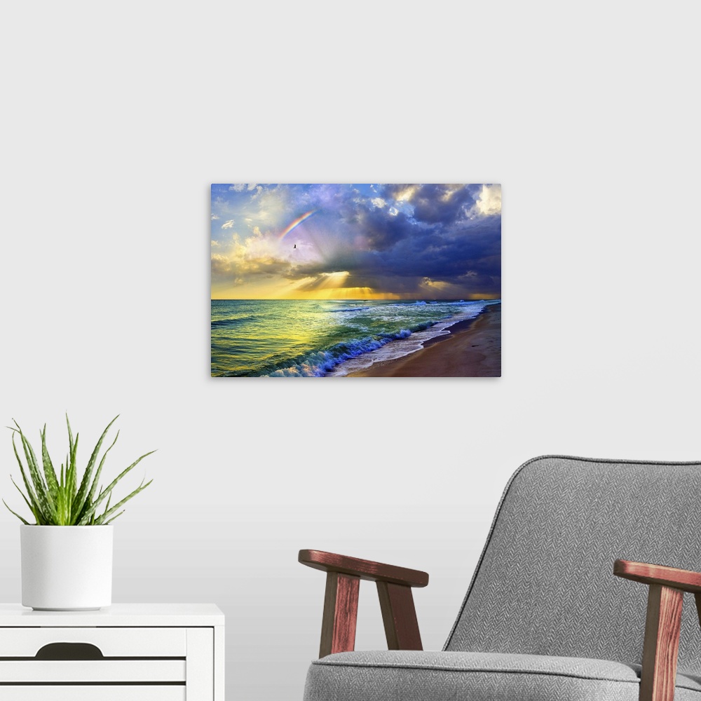 A modern room featuring A rainbow seascape of green and blue sea and golden sun rays. Landscape taken near Navarre Beach,...