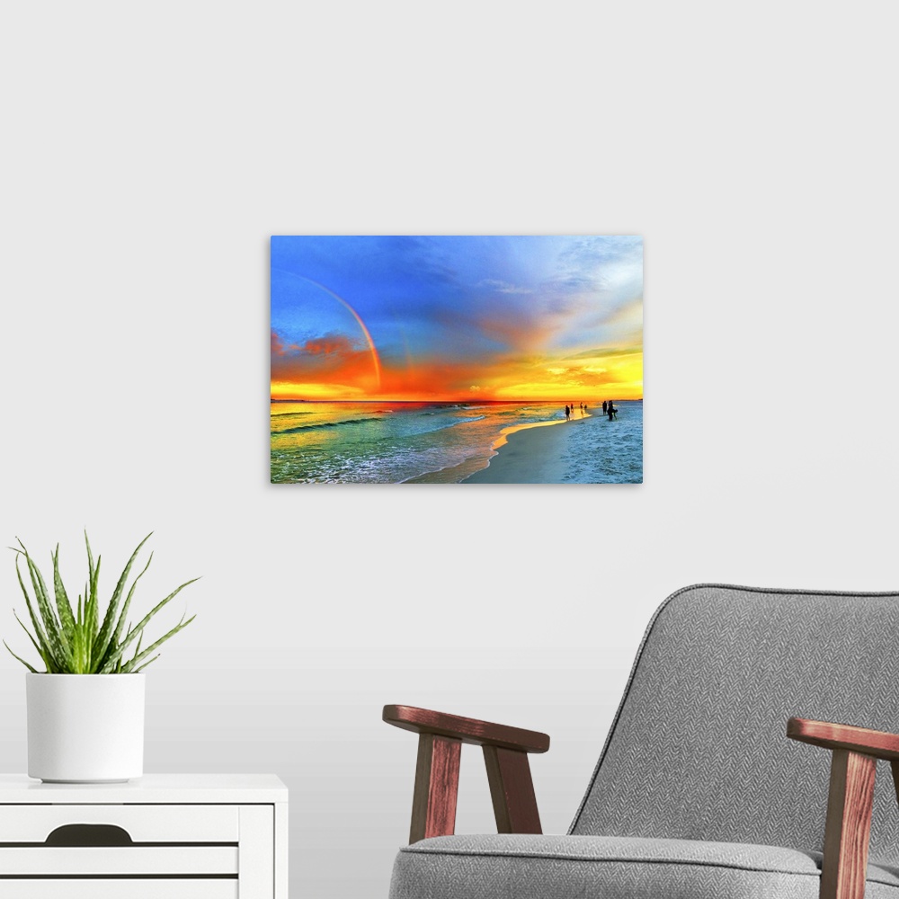 A modern room featuring A landscape featuring a rainbow over the beach and green seascape and blue and orange sky. Landsc...