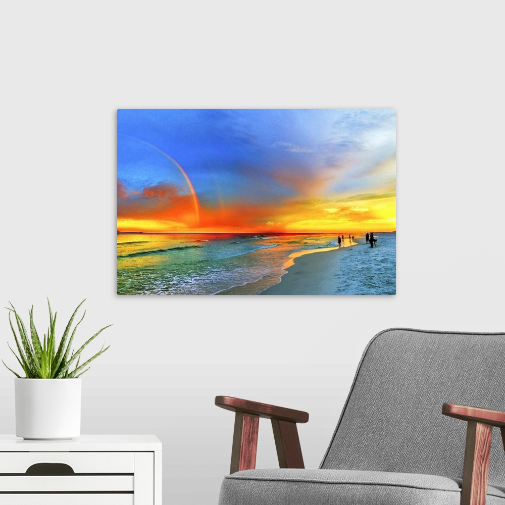 A modern room featuring A landscape featuring a rainbow over the beach and green seascape and blue and orange sky. Landsc...
