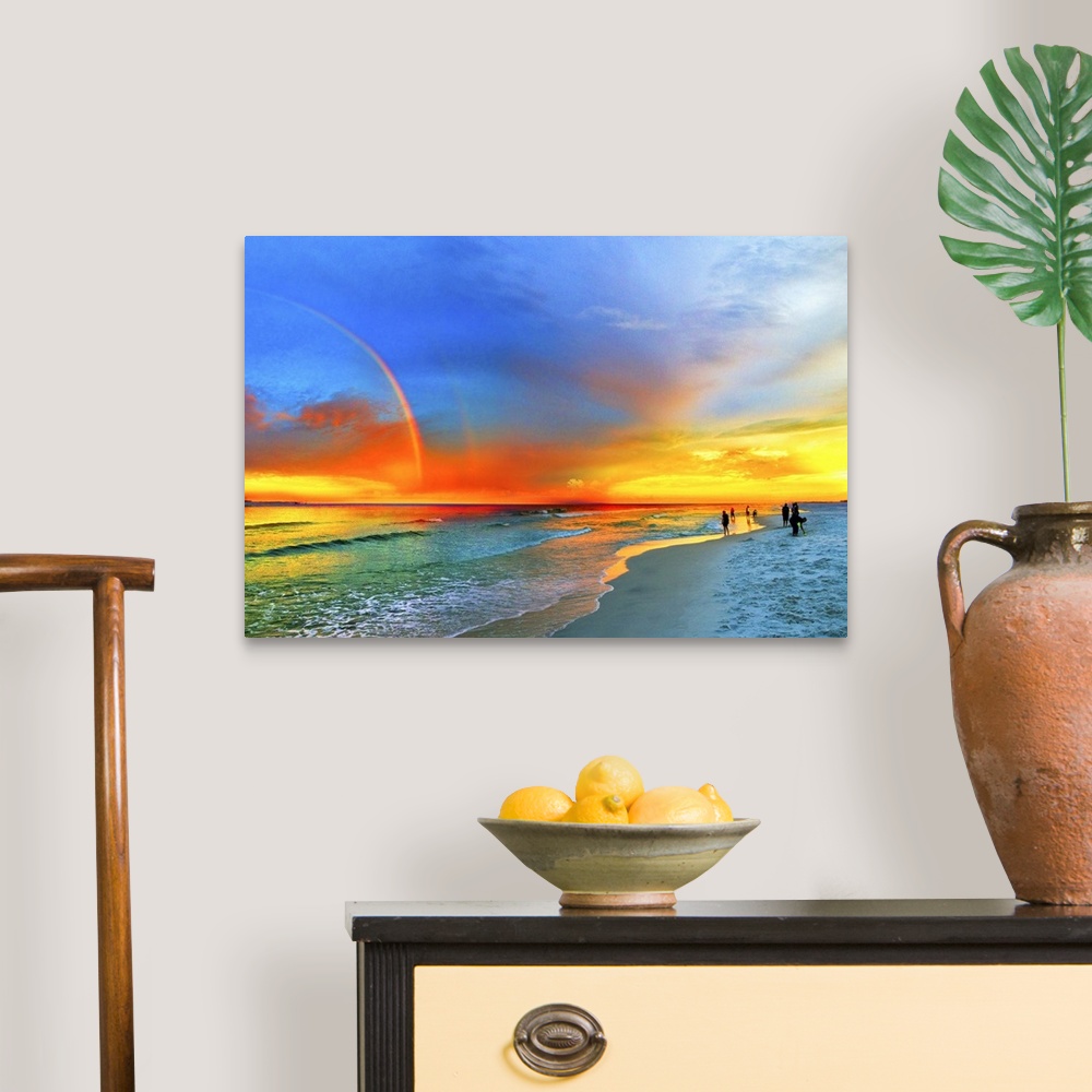 A traditional room featuring A landscape featuring a rainbow over the beach and green seascape and blue and orange sky. Landsc...