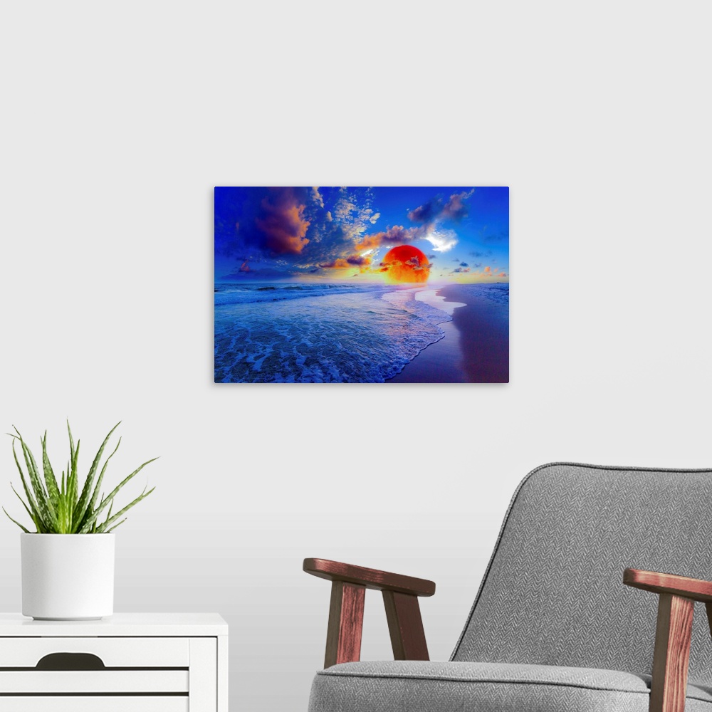A modern room featuring A red and blue ocean sunset featuring a fantasy blood moon.  The blood moon is seen rising out of...