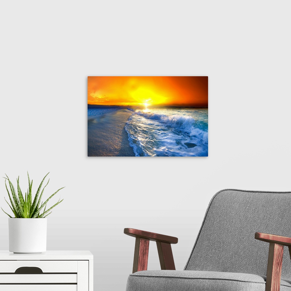 A modern room featuring A golden and red seascape sunrise landscape.