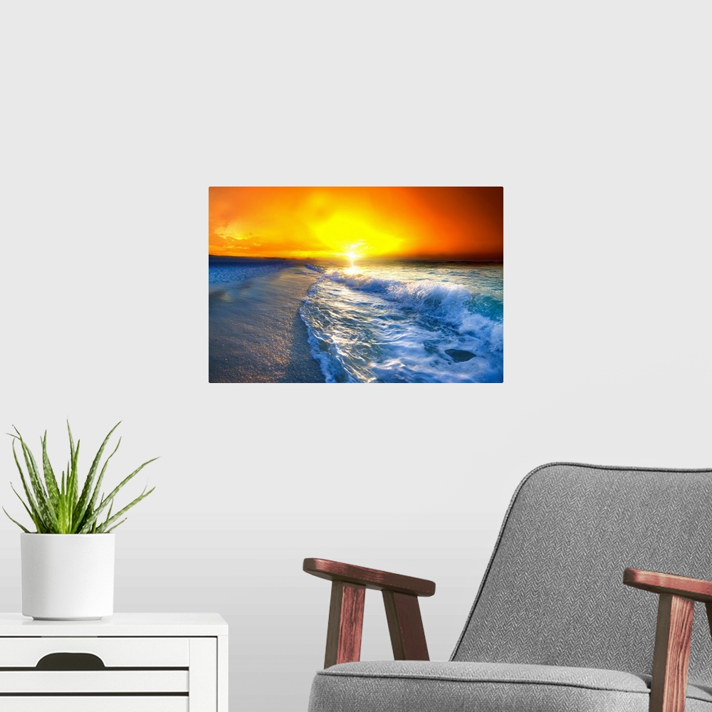 A modern room featuring A golden and red seascape sunrise landscape.