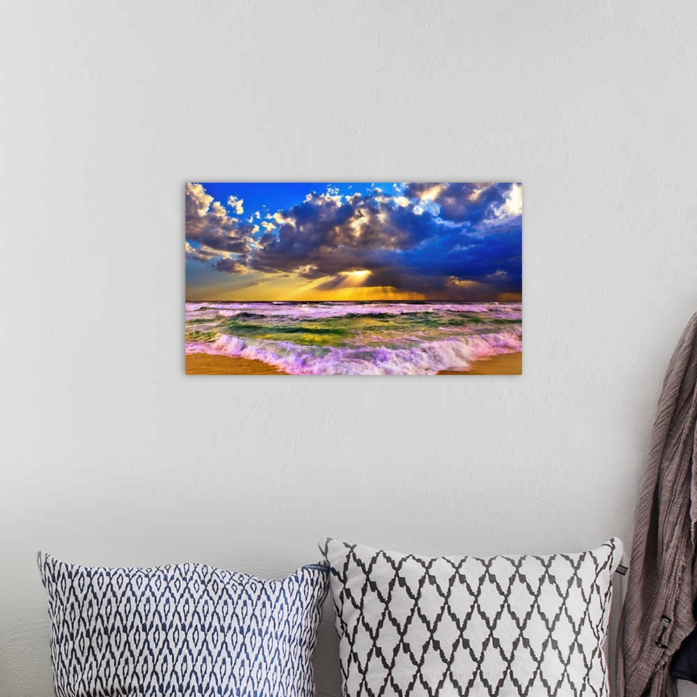 A bohemian room featuring A brilliant sunset over a stormy sea. A sunset panorama taken in Destin Florida with stormy sea w...
