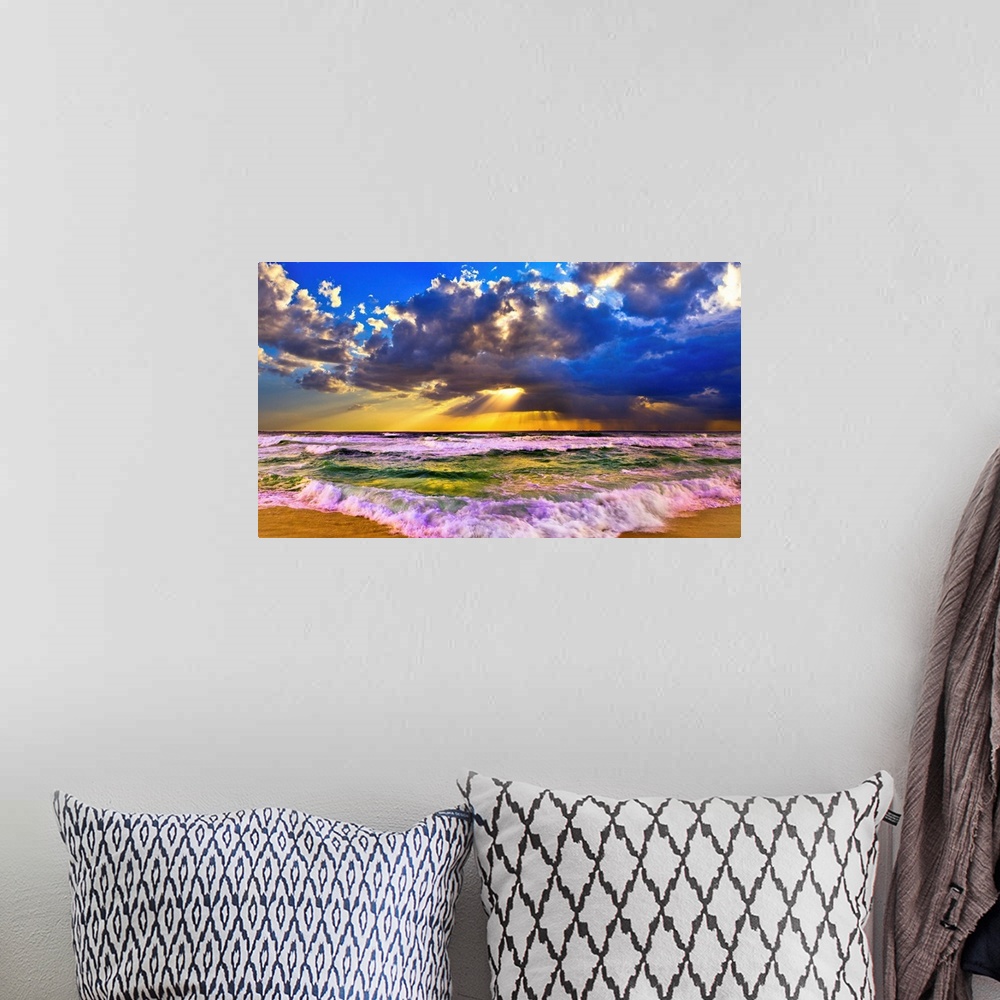 A bohemian room featuring A brilliant sunset over a stormy sea. A sunset panorama taken in Destin Florida with stormy sea w...