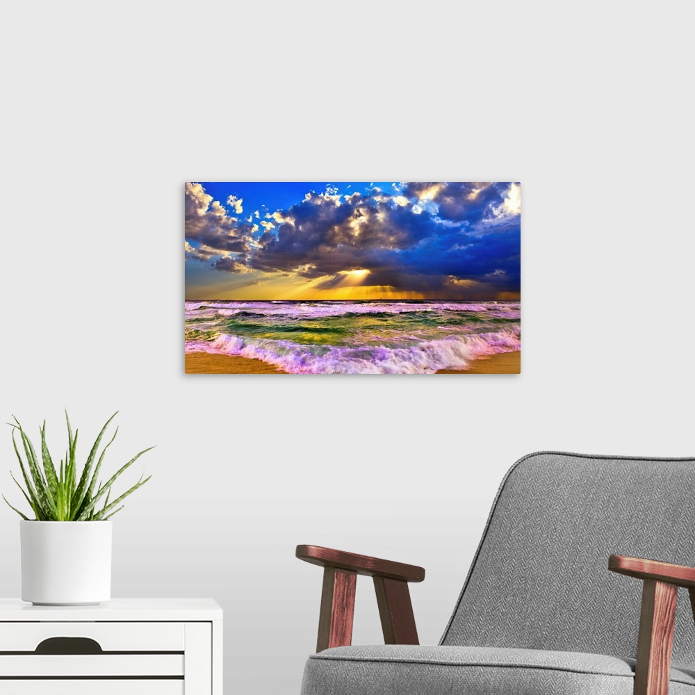 A modern room featuring A brilliant sunset over a stormy sea. A sunset panorama taken in Destin Florida with stormy sea w...