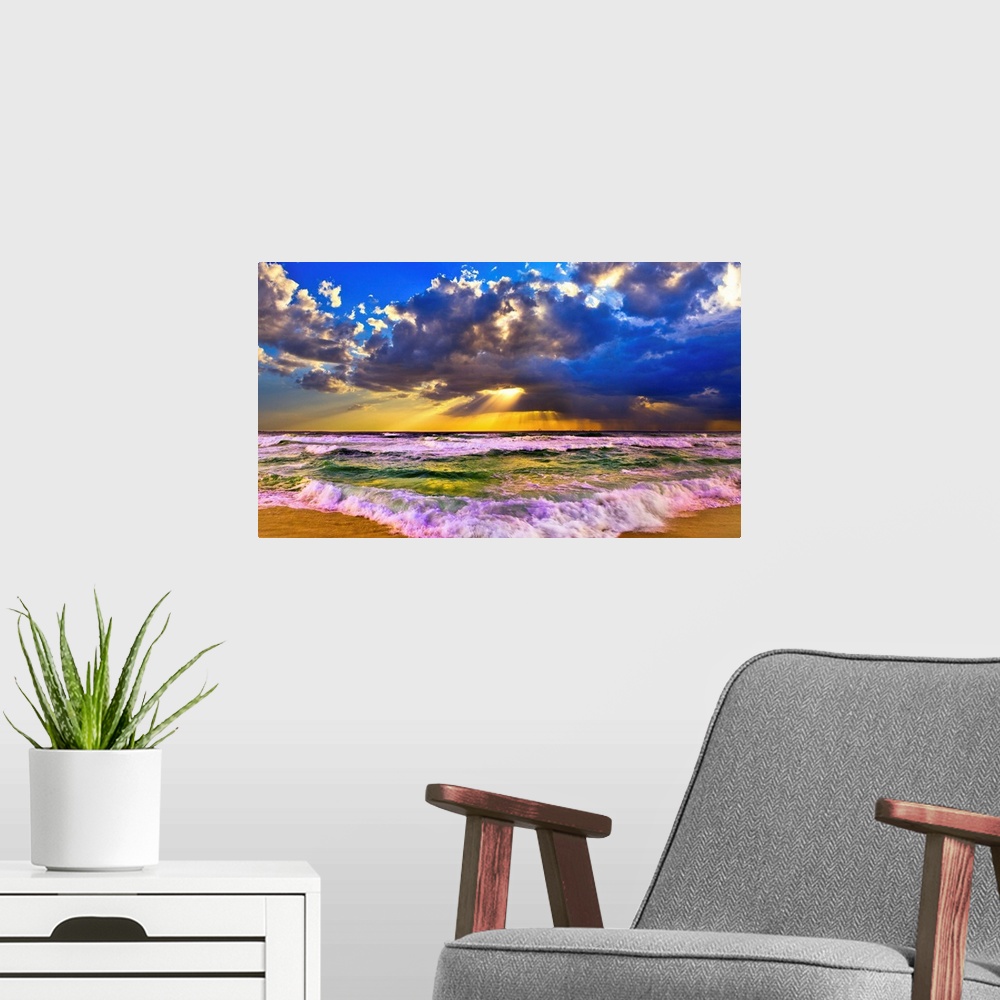 A modern room featuring A brilliant sunset over a stormy sea. A sunset panorama taken in Destin Florida with stormy sea w...
