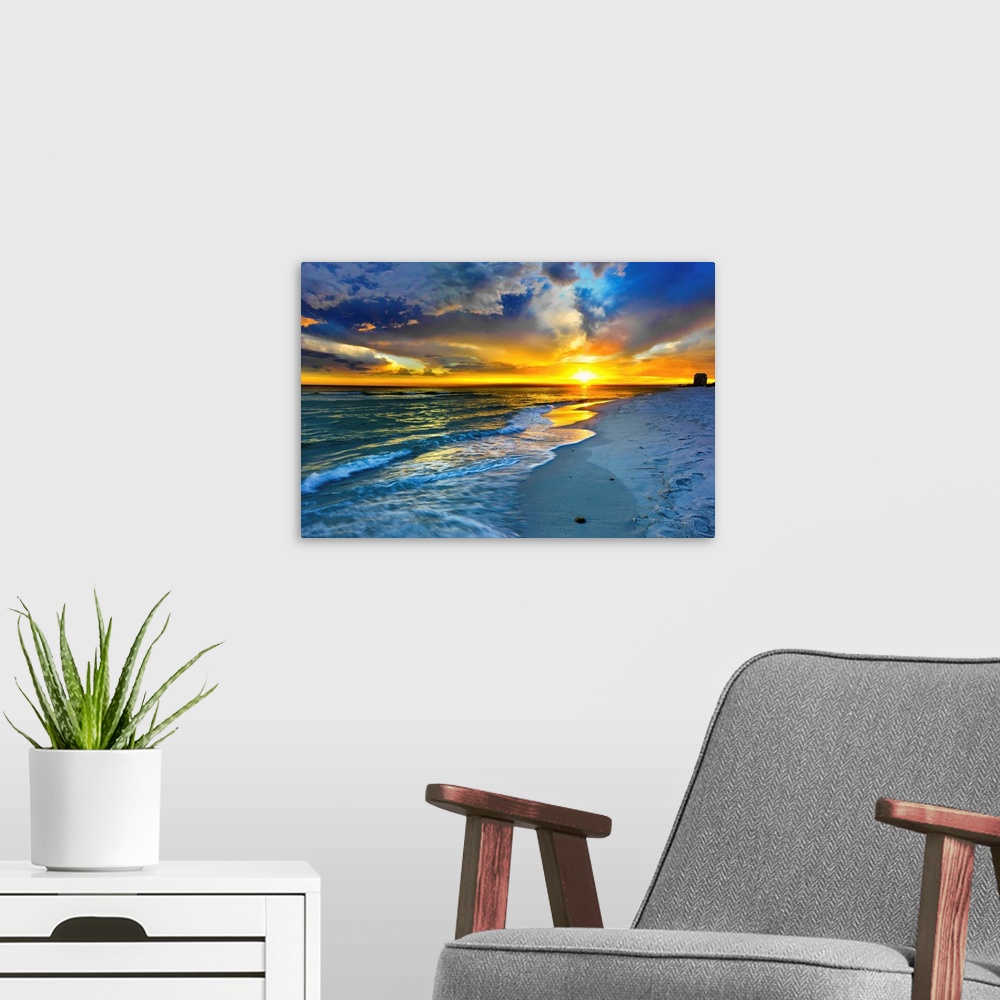A modern room featuring Blue Sunset Seascape on a Florida beach. Landscape taken on Navarre Beach, Florida.