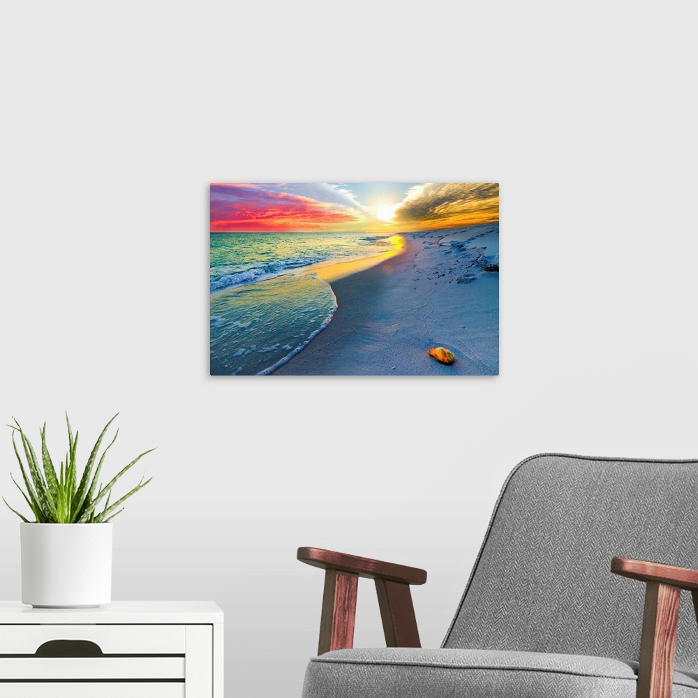 A modern room featuring A shell on a sandy beach before a colorful sunset. A very tranquil and relaxing sunset. Landscape...