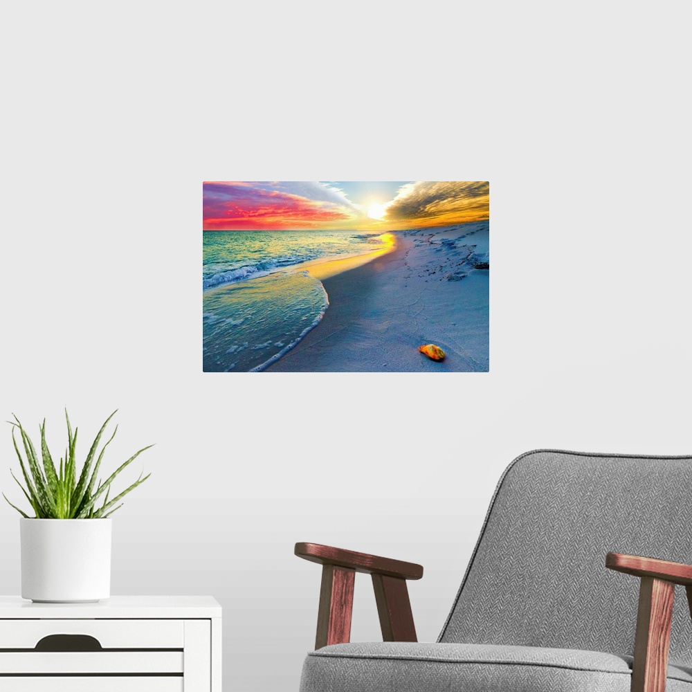 A modern room featuring A shell on a sandy beach before a colorful sunset. A very tranquil and relaxing sunset. Landscape...