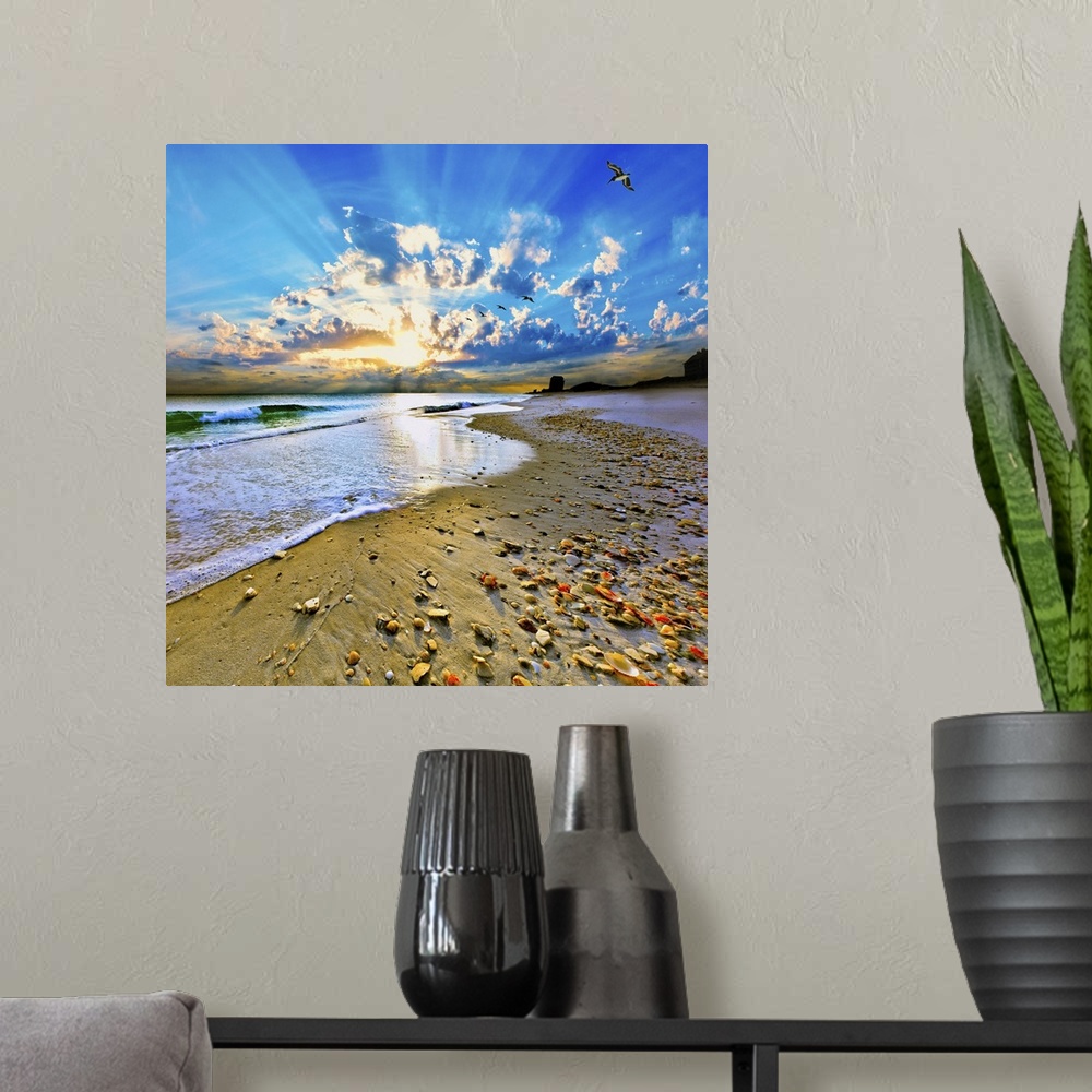 A modern room featuring A sandy shell covered shore before sun rays bursting out of a bright blue sunset. A very tranquil...