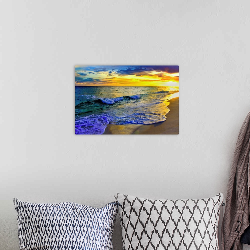 A bohemian room featuring Image of waves rolling over Navarre beach before a dark yellow sunset seascape. Landscape taken o...