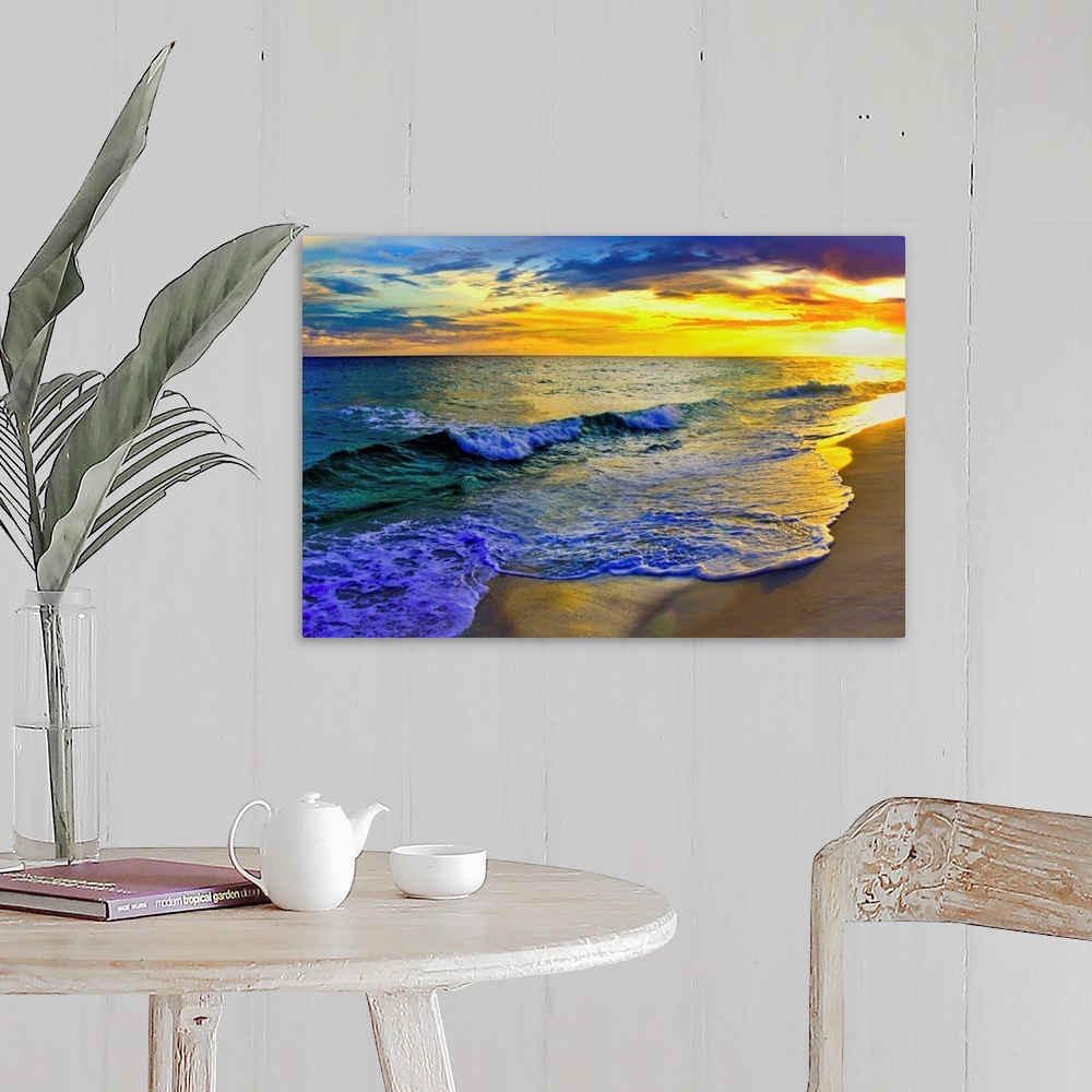 A farmhouse room featuring Image of waves rolling over Navarre beach before a dark yellow sunset seascape. Landscape taken o...