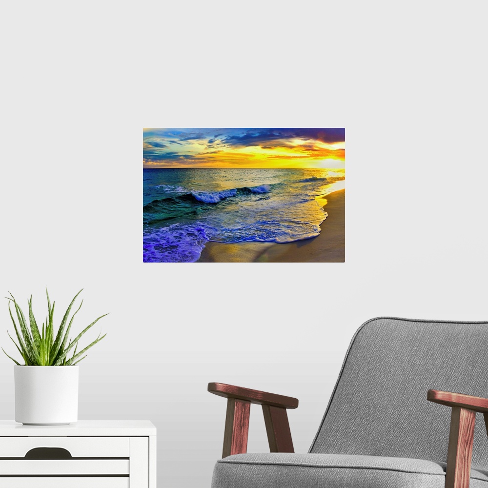 A modern room featuring Image of waves rolling over Navarre beach before a dark yellow sunset seascape. Landscape taken o...