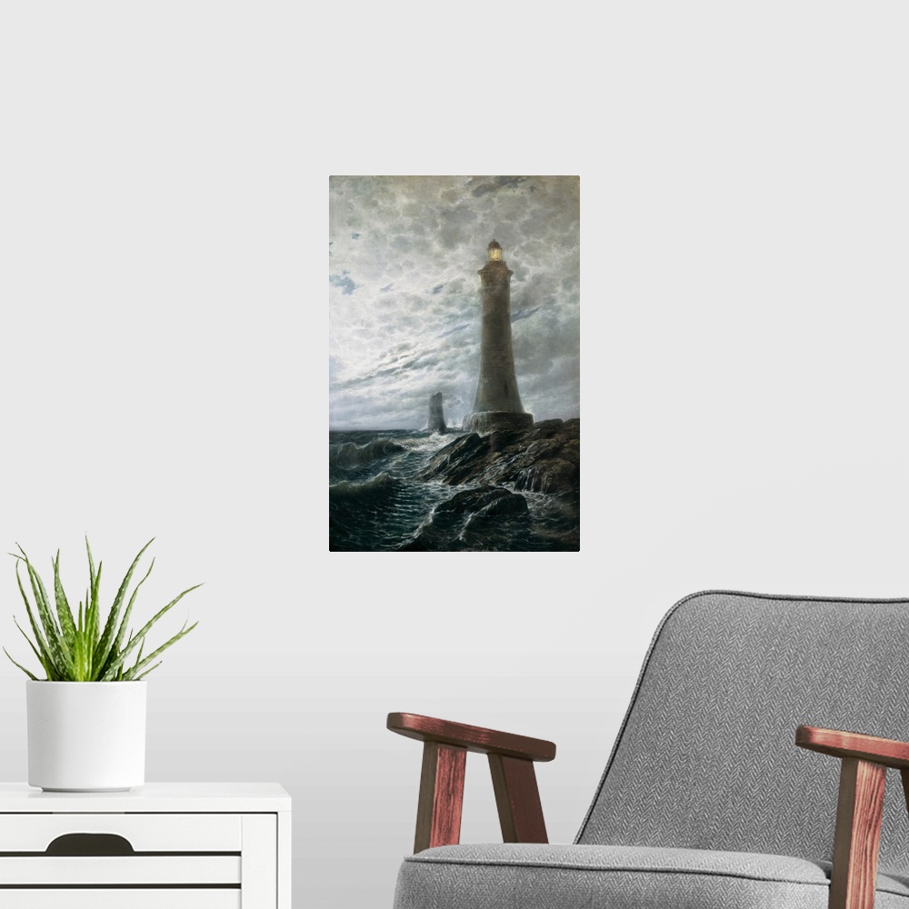 A modern room featuring MONLEON Y TORRES, Rafael (1835-1900). Lighthouse of Calais. 19th c. Romanticism. Oil on canvas. S...