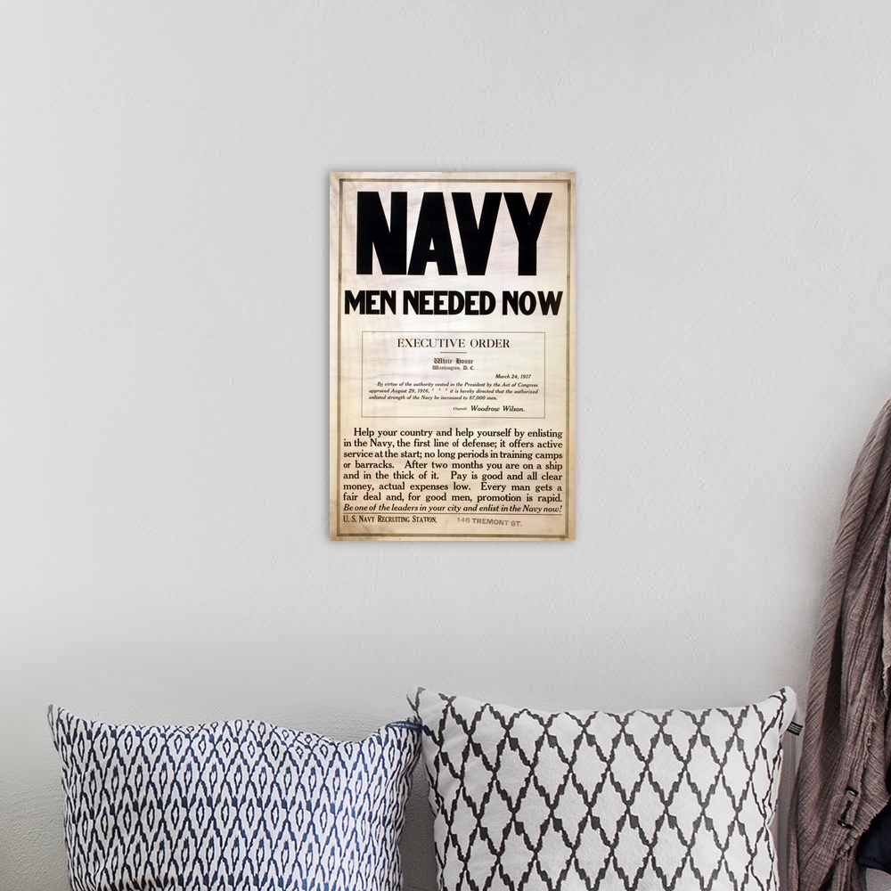 A bohemian room featuring 1917 recruitment poster for the US Navy.  After Wilson's April 1917 entry into WWI, four million ...