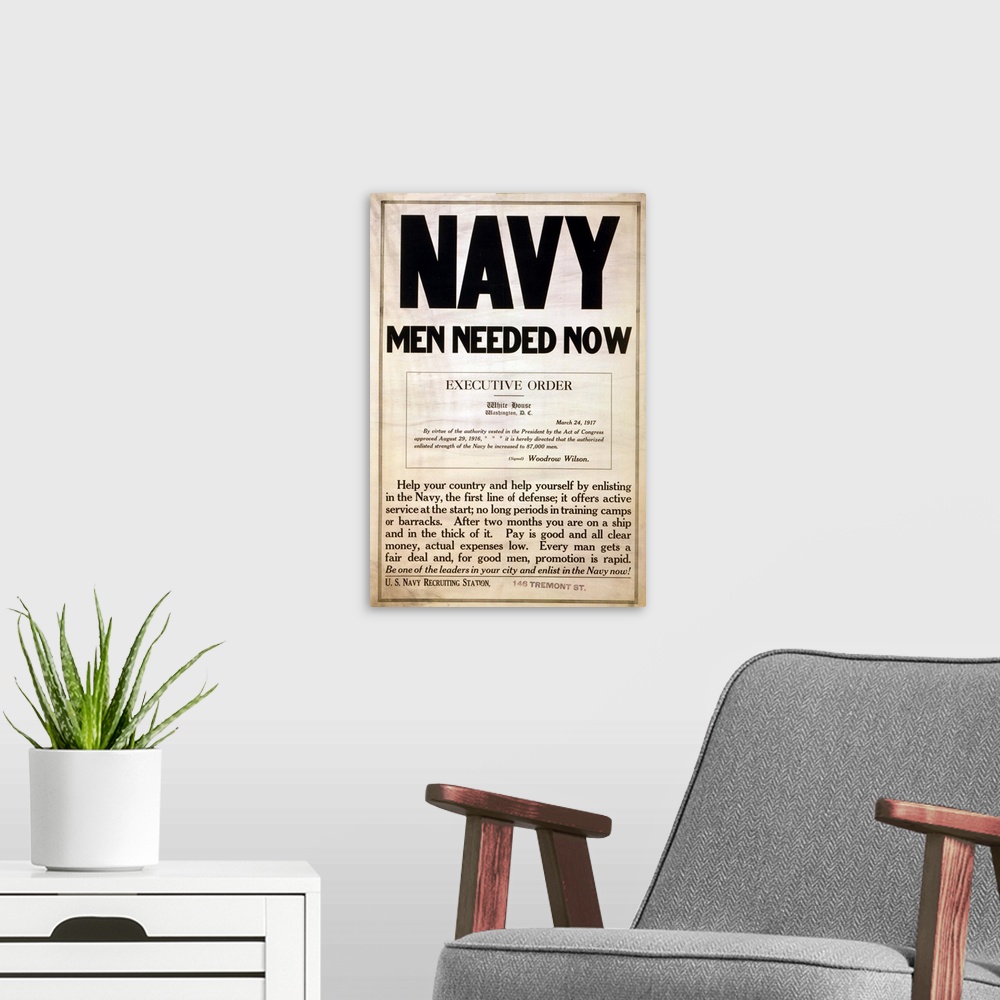 A modern room featuring 1917 recruitment poster for the US Navy.  After Wilson's April 1917 entry into WWI, four million ...