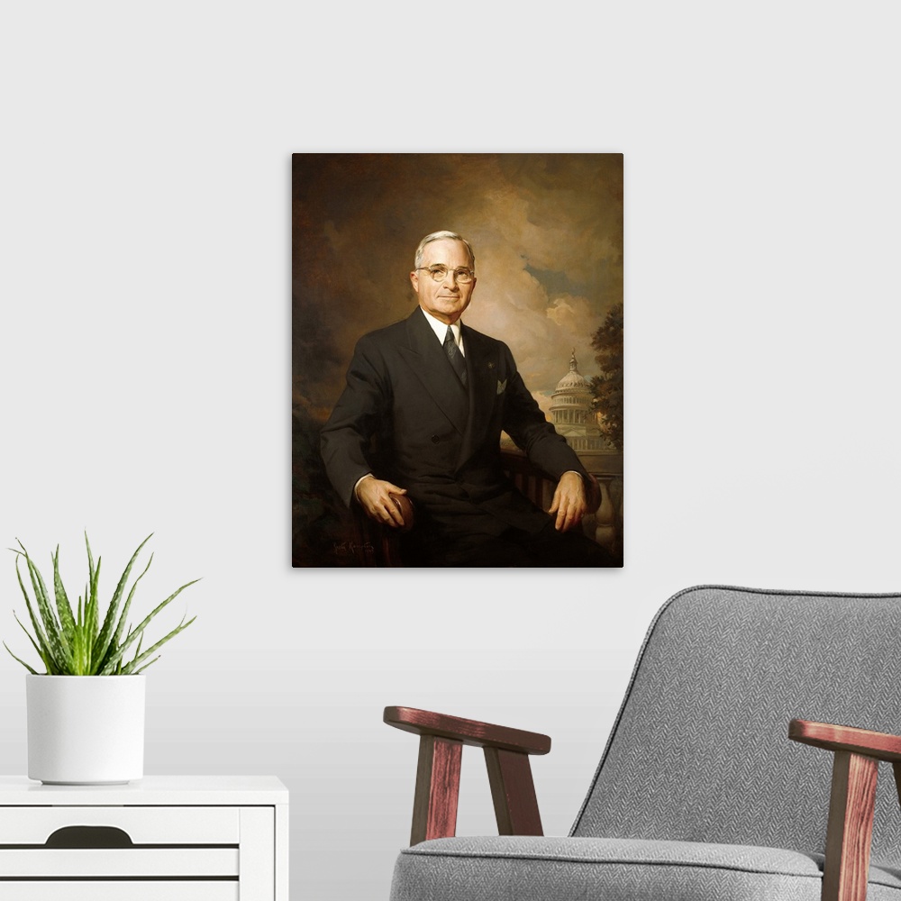 A modern room featuring 1948 Portrait Of Harry Truman Painted By Greta Kempton.