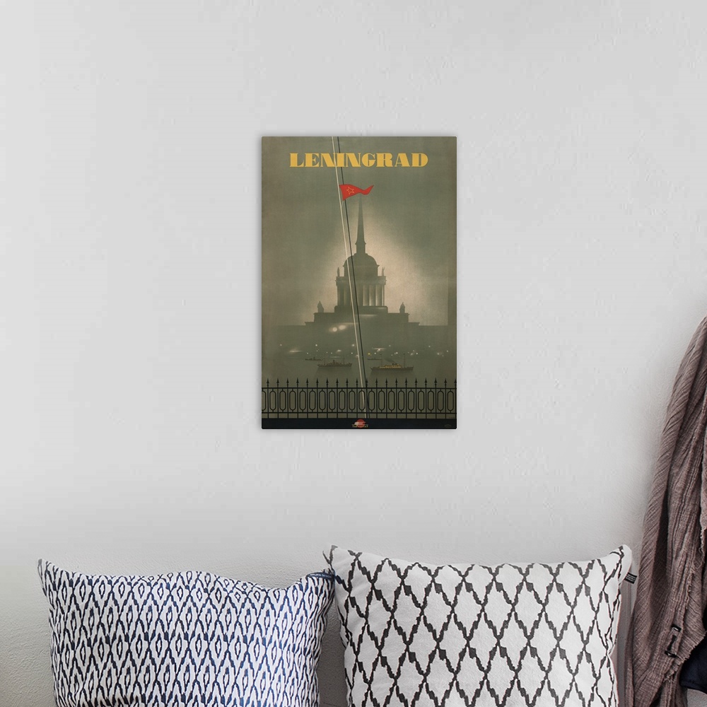 A bohemian room featuring 1950s travel poster for Leningrad, now St. Petersburg. Image shows Russian Admiralty building wit...