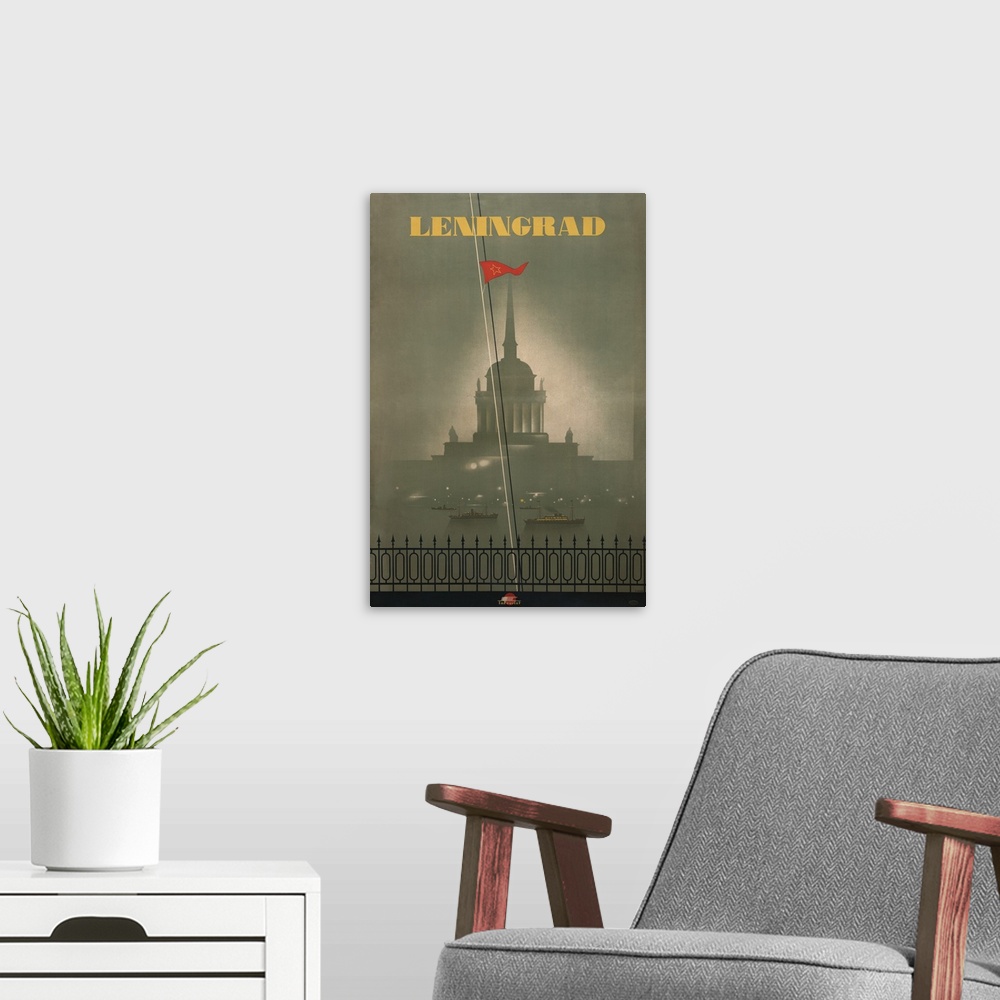 A modern room featuring 1950s travel poster for Leningrad, now St. Petersburg. Image shows Russian Admiralty building wit...