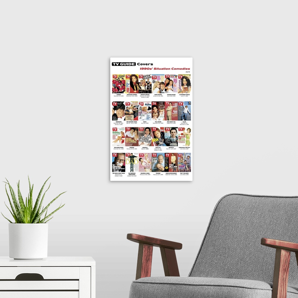 A modern room featuring 1990s' Situation Comedies #2 of 3, TV Guide Covers Poster, 2020. TV Guide.
