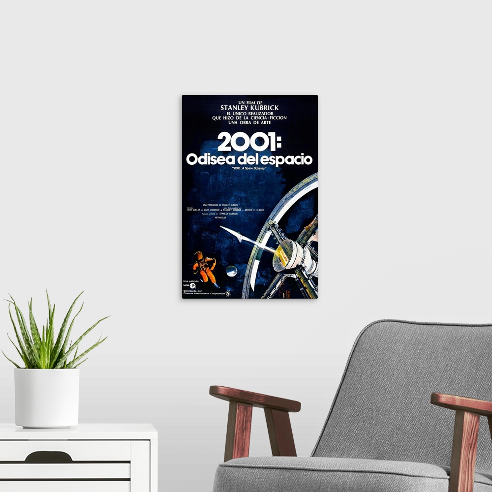 A modern room featuring 2001: A Space Odyssey, (aka 2001: Una Odisea Del Espacio), Spanish Language Poster Art, 1968.