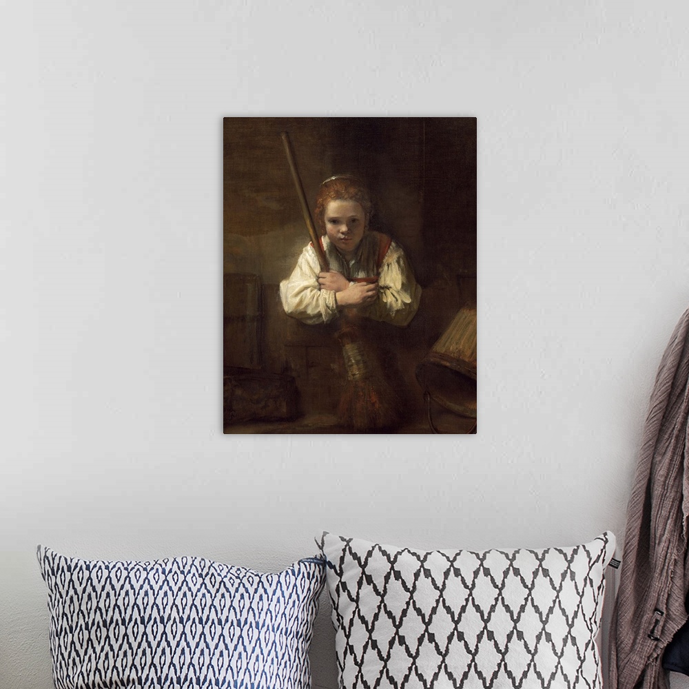 A bohemian room featuring A Girl with a Broom, by Rembrandt's workshop, 1651, Dutch painting, oil on canvas. A young girl, ...