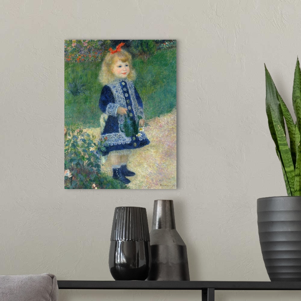 A modern room featuring A Girl with a Watering Can, by Auguste Renoir, 1876, French impressionist painting, oil on canvas...