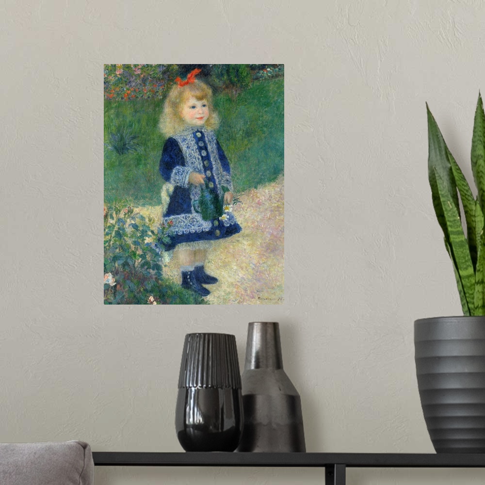 A modern room featuring A Girl with a Watering Can, by Auguste Renoir, 1876, French impressionist painting, oil on canvas...