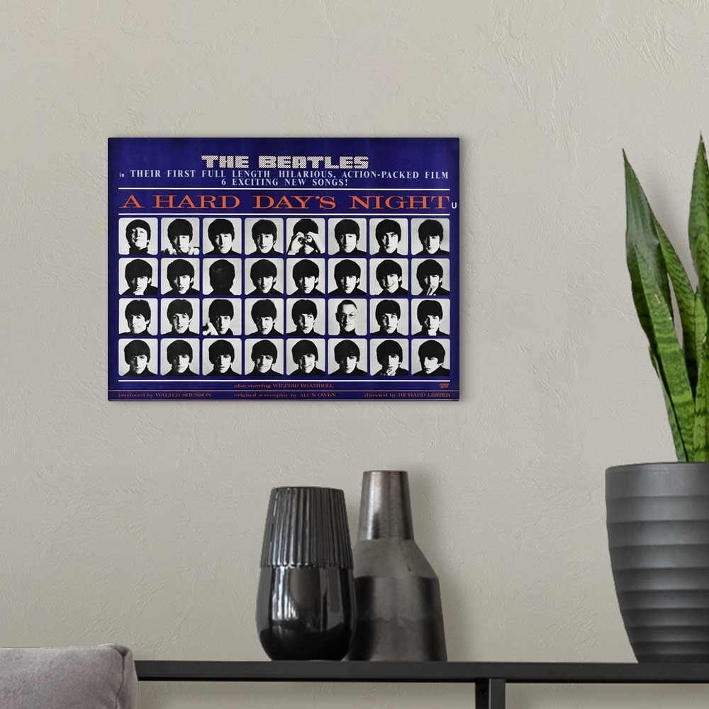 A modern room featuring A Hard Day's Night, British Poster, (Top To Bottom), John Lennon, George Harrison, Paul Mccartney...