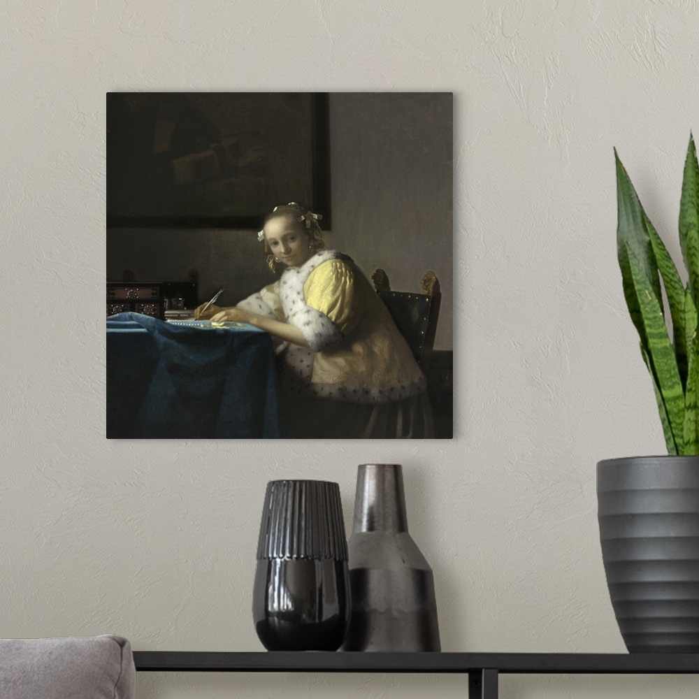 A modern room featuring A Lady Writing, by Johannes Vermeer, c. 1665, Dutch painting, oil on canvas. Soft light illuminat...
