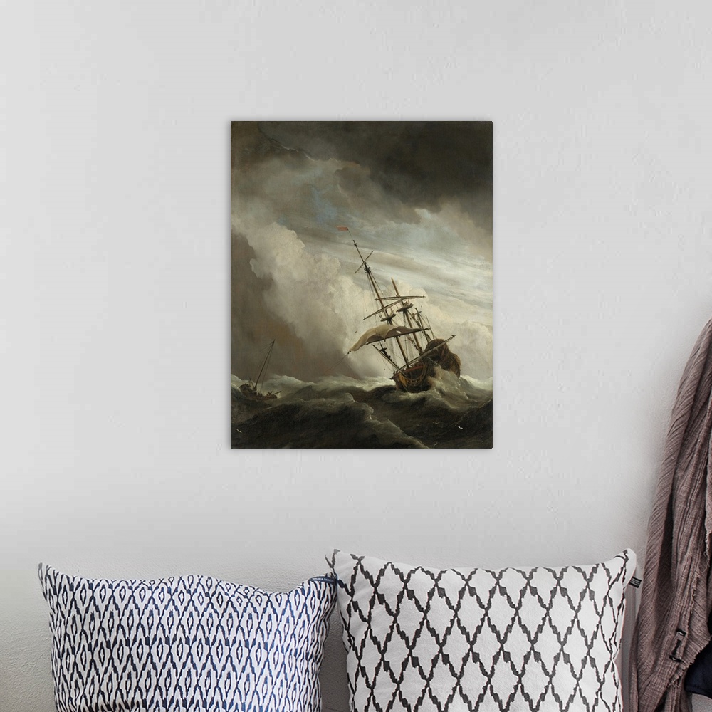 A bohemian room featuring A Ship on the High Seas Caught by a Squall, Known (The Gust), Willem van de Velde (II), c. 1680, ...