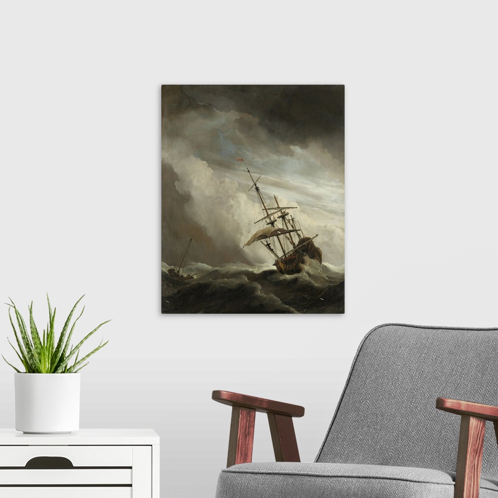 A modern room featuring A Ship on the High Seas Caught by a Squall, Known (The Gust), Willem van de Velde (II), c. 1680, ...