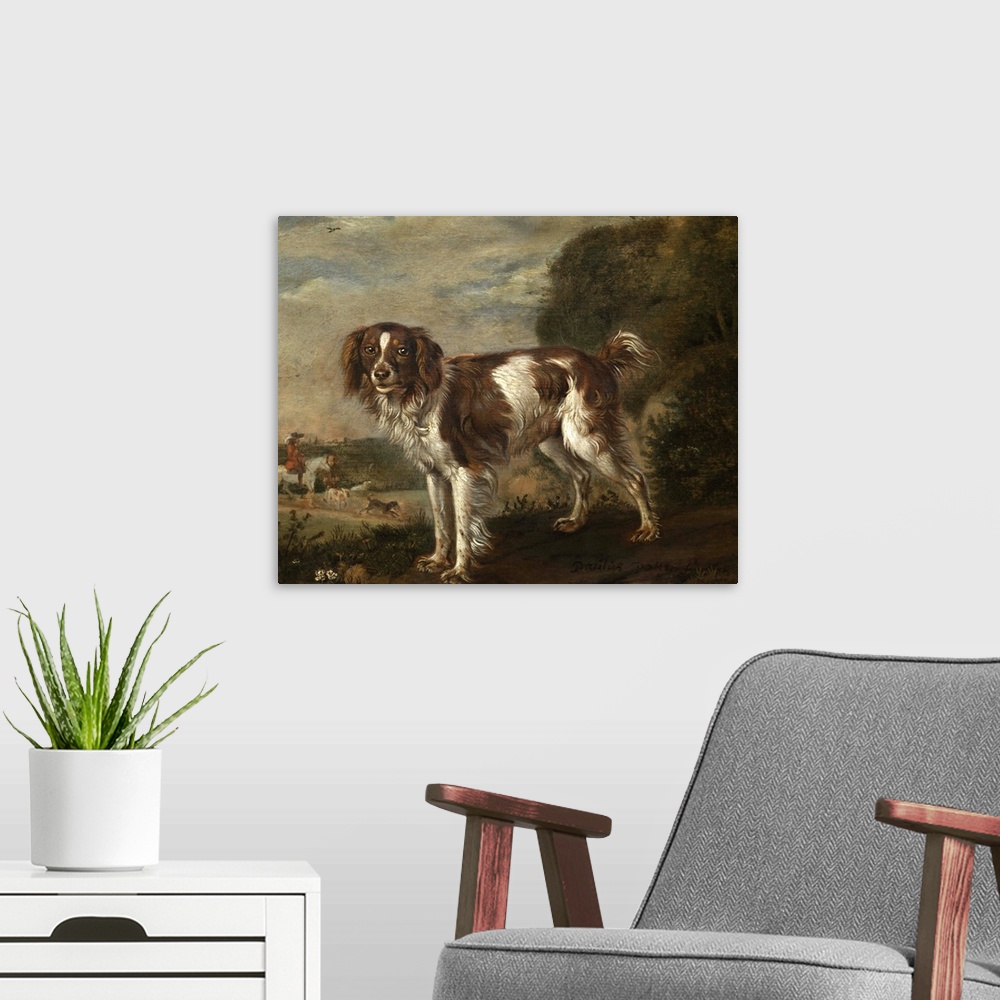 A modern room featuring A Spaniel, by Paulus Potter, 1653, Dutch painting, oil on panel. A landscape with a partridge dog...