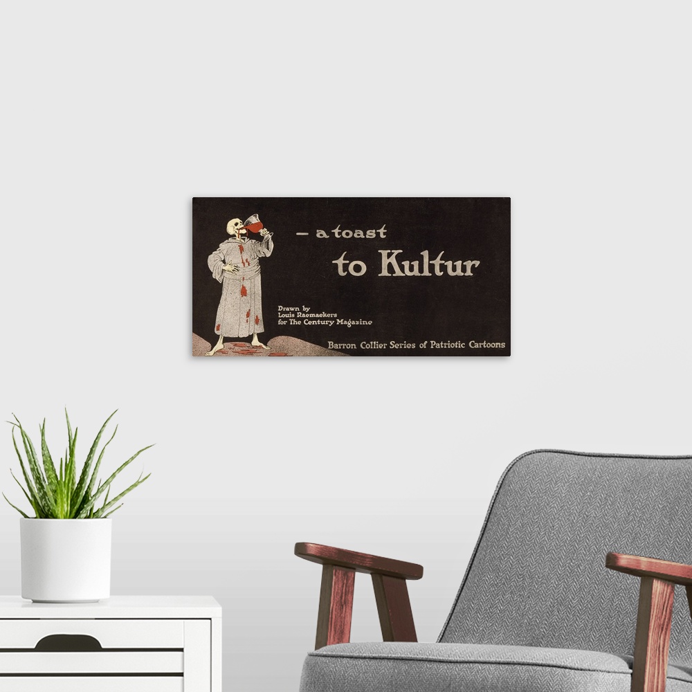 A modern room featuring A toast to Kultur, Poster depicting a skeleton drinking blood, drawn by Louis Raemakers for Centu...