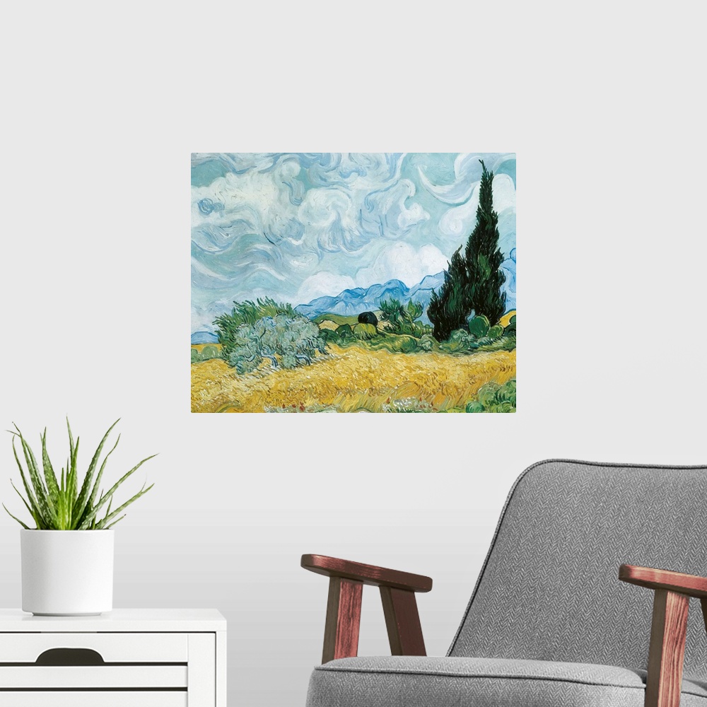 A modern room featuring Classic painting of a field with a tree and mountains in the distance and swirling clouds on canvas.