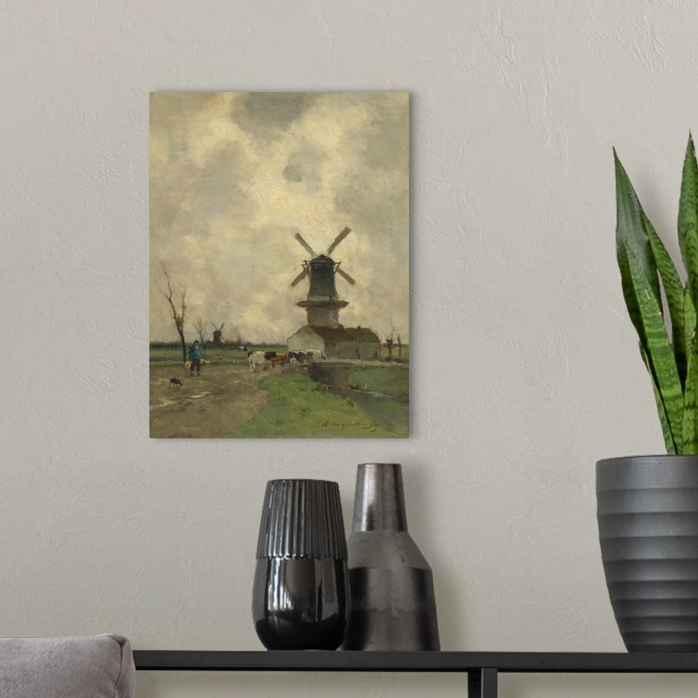 A modern room featuring A Windmill, by Johan Hendrik Weissenbruch, c. 1870-1903, Dutch painting, oil on panel. Farmer wit...