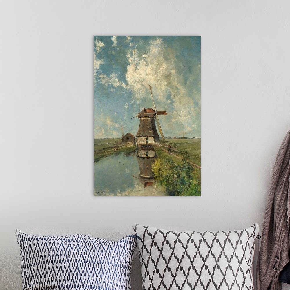 A bohemian room featuring A Windmill on a Polder Waterway, known as "In the Month of July", by Paul Gabriel, c. 1889, Dutch...
