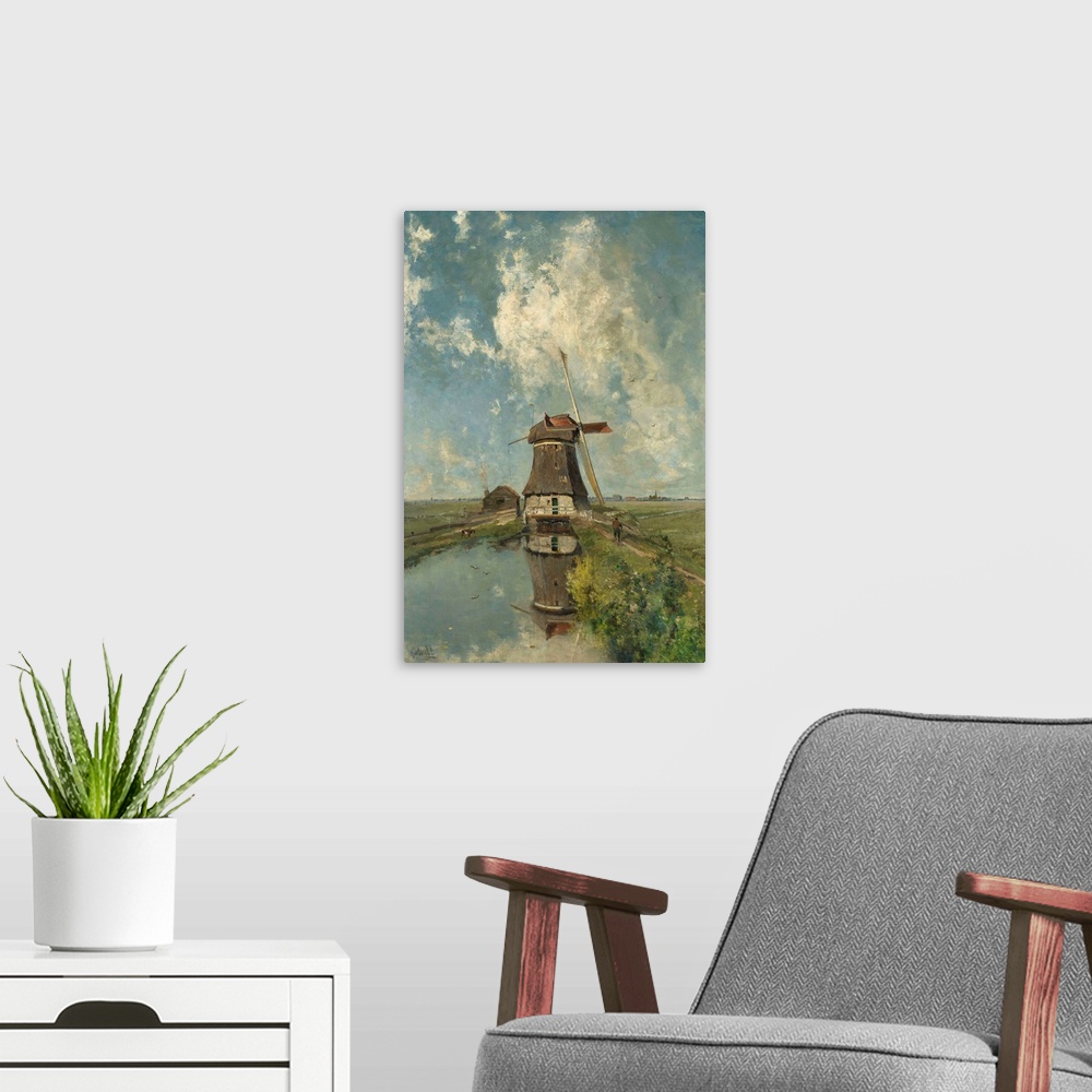 A modern room featuring A Windmill on a Polder Waterway, known as "In the Month of July", by Paul Gabriel, c. 1889, Dutch...