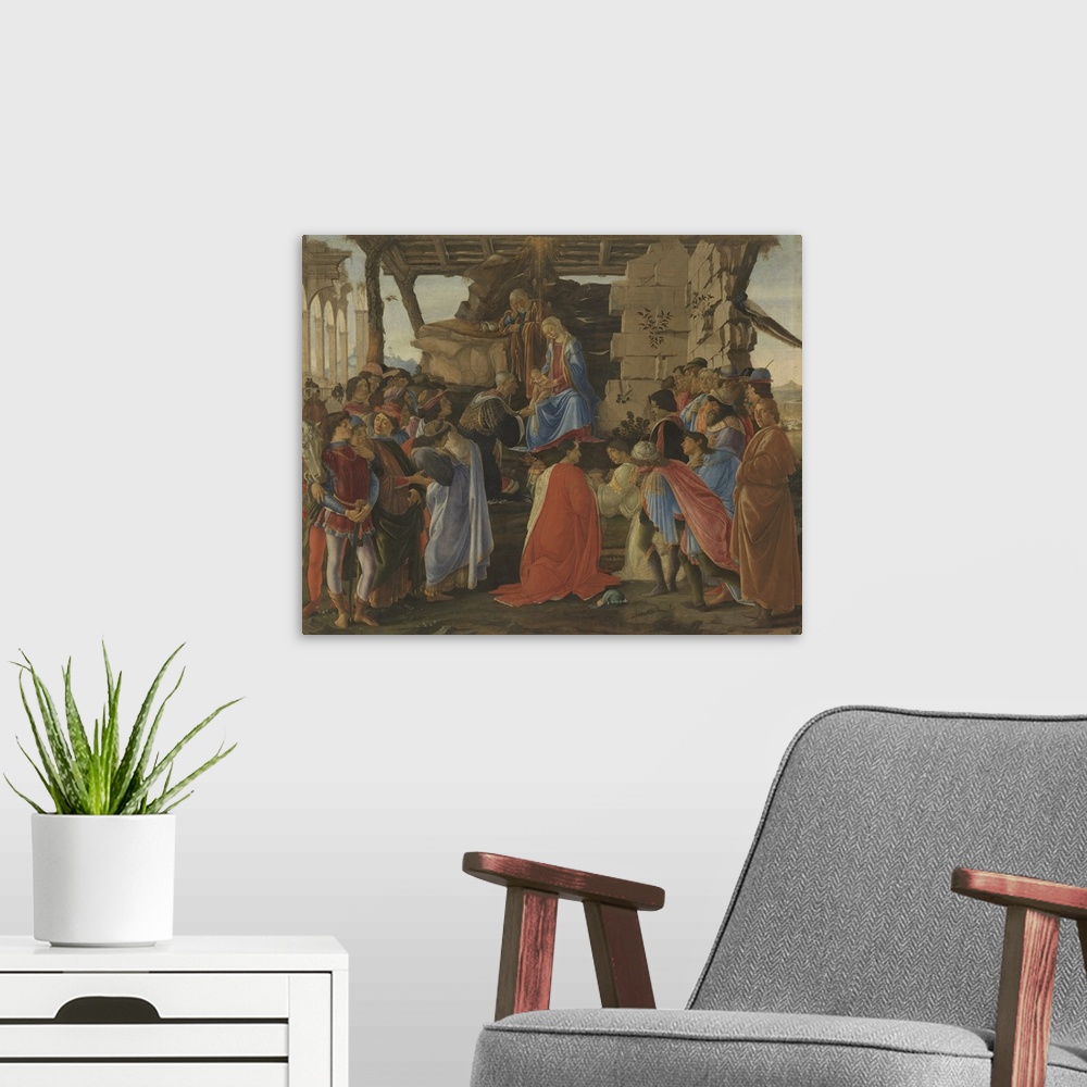A modern room featuring Adoration of the Magi, by Filipepi Sandro Known as Botticelli, 15th Century, 1475, tempera on pan...