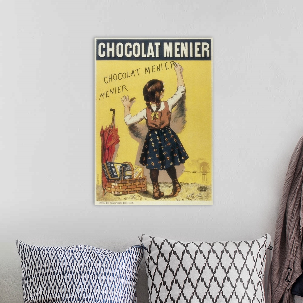 A bohemian room featuring Advertisement sign for Chocolat Menier, 1893. Litography. -