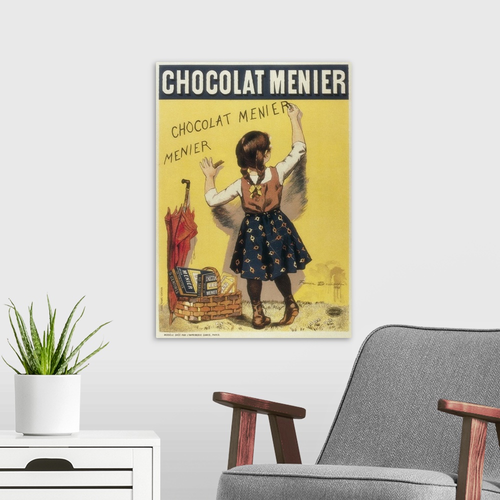 A modern room featuring Advertisement sign for Chocolat Menier, 1893. Litography. -