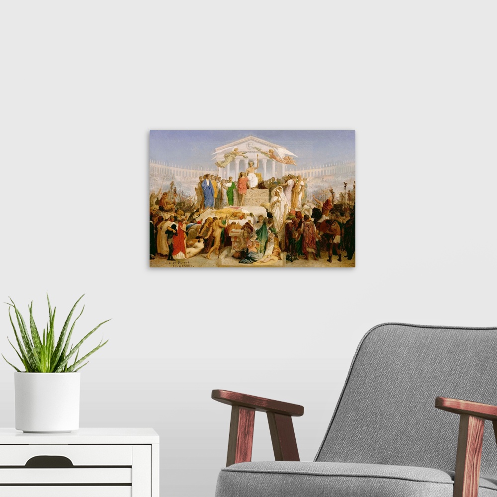 A modern room featuring Age of Augustus, the Birth of Christ, by Jean-Leon Gerome, French painting, 1852-54, oil on canva...