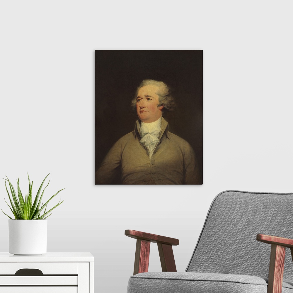 A modern room featuring John Trumbull, by Alexander Hamilton, 1792, American painting, oil on canvas. This bust portrait ...