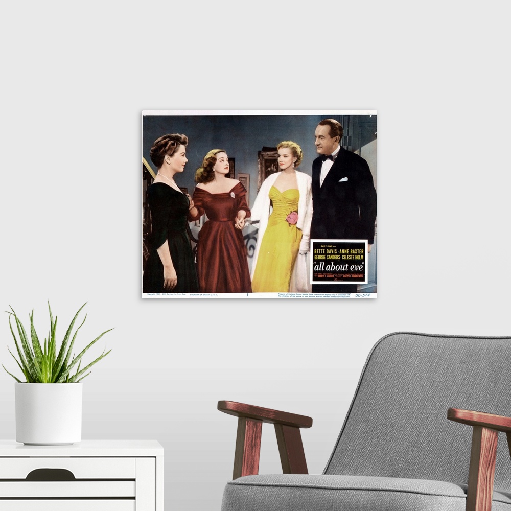 A modern room featuring All About Eve, US Lobbycard, From Left: Anne Baxter, Bette Davis, Marilyn Monroe, George Sanders,...